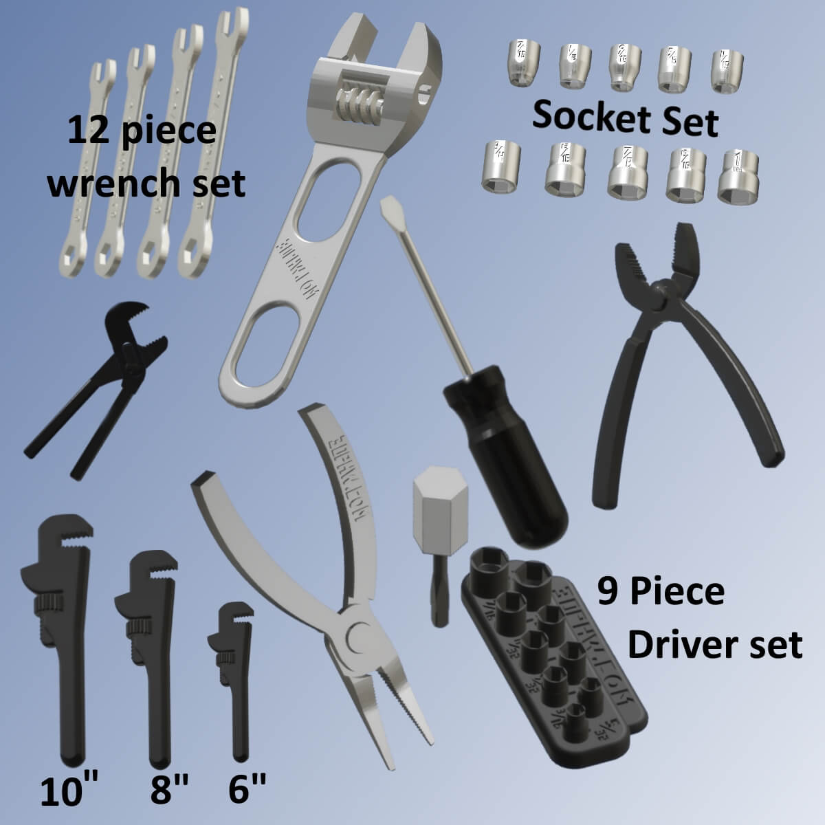 current products - 3d printed hardware tool set including Adjustable Wrench, Pliers, Pipe Wrench, Channel Locks, 9 Piece Socket Set with 1/4 inch Driver, 30 piece 1/2inch socket set, Standard and Metric Wrench sets